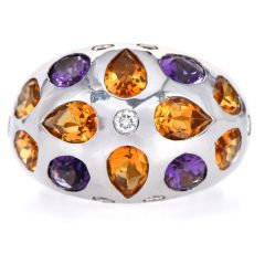 Modern Diamond Amethyst Citrine 18K White Gold Flower Dome Band Ring