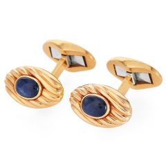 Asprey Vintage Cabochon Sapphire 18K Gold Oval Cuff Links-Dover Jewelry