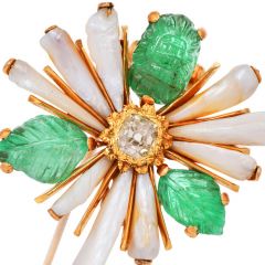 Vintage Buccellati Yellow Diamond Emerald Pearl Gold Flower Brooch Pin