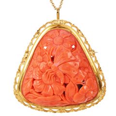 Vintage Carved Coral Butterfly Garden 18K Gold Frame Pendant Brooch|doverJewelry|