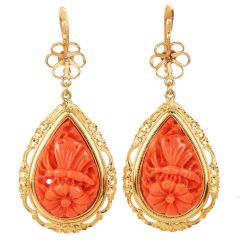 Vintage Carved Coral Butterfly Garden 18K Gold Frame Drop Earrings|DoverJewelry|