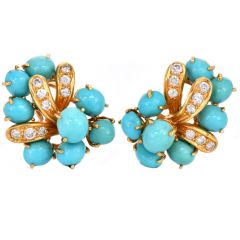 Vintage Diamond Turquoise 18K Gold Grape Vine Motif Earrings-Dover Jewelry