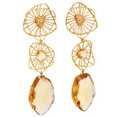 Long  Diamond Citrine 18K Gold Three Drop Dangle Earrings