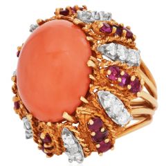 Vintage Diamond  Ruby Coral 18K Yellow Gold Dome Cocktail Ring | Dover Jewelry|