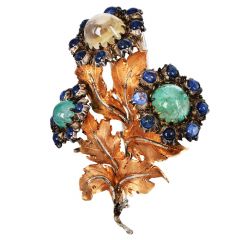 Buccellati Vintage Cabochon Emerald Sapphire 18K Flower Bouquet Brooch-Dover Jewelry