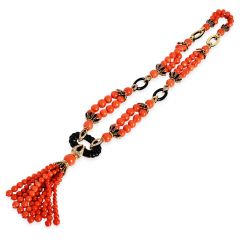 Vintage 1970s Diamond Coral Onyx 18K Gold Tassel Statement Necklace-Dover Jewelry