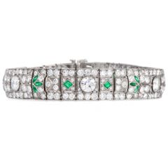 Antique Art Deco Diamond Emerald Filigree Platinum Wide Bracelet