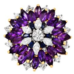 Estate Amethyst Diamond Sapphire 18K Gold Floral Cocktail Ring|Dover Jewelry|