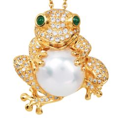 Estate Diamond Pearl 18K Gold Frog Brooch pin and  Pendant|Dover Jewelry|