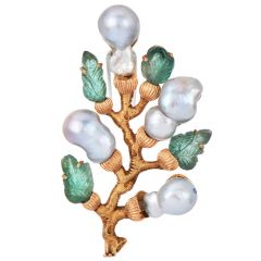 Vintage Buccellati Pearl Emerald 18K Gold Twig Branch Brooch|Dover Jewelry|