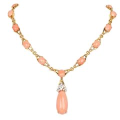 Estate La Triomphe Coral Diamond 18K Gold Tear Drop Collar Necklace|Dover Jewelry|