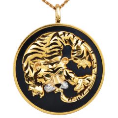 Large Estate Diamond Emerald 18K Gold Black Agate Tiger Pendant|DoverJewelry|