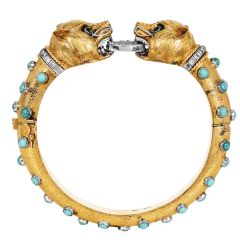 Vintage Turquoise Emerald Diamond 14K Gold Panther Head Bangle |Dover Jewelry|