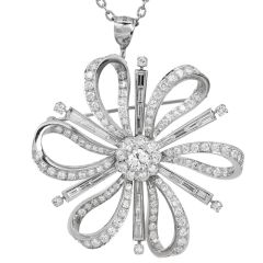  Estate 4.32 Cts Diamond 14K White Gold Flower Brooch Pendant |Dover Jewelry|