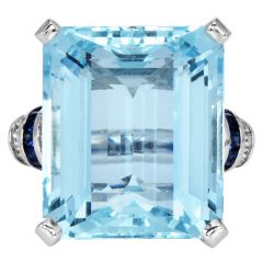 Estate 43.77cttw Aquamarine Sapphire Diamond 18K Gold Cocktail Ring l Dover Jewelry