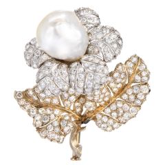 Buccellati Vintage Natural Pearl Diamond 18K Gold Flower Brooch Pin