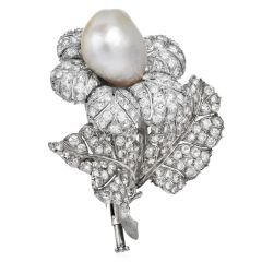 Buccellati Vintage Natural Pearl Diamond 18K Gold Flower Brooch Pin