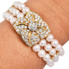 Mikimotto 4.00cts Diamond Pearl 18K Gold Three Strand Flower Bracelet|Dover Jewelry|