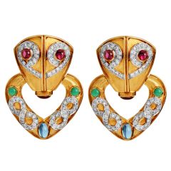 Estate Diamond 7.40cts Multi Gemstone 18K Gold Doorknocker Clip-On Statement Earrings |Dover Jewelry|