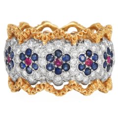 Vintage Buccellati Diamond Sapphire Ruby 18K Gold Floral Eternity Ring|Dover Jewelry|