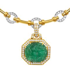 David Webb GIA 68.75 carat Carved Emerald Diamond 18K Pendant Necklace|Dover Jewelry|