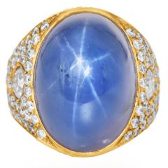 1980s Star Sapphire Diamond 18k Yellow Gold Cocktail Ring |Dover Jewelry|