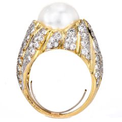 Large 5.30 carat Diamond & Pearl 18K Yellow Gold Cocktail Ring|Dover Jewelry|