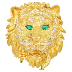 Estate Diamond 1.50cts Emerald 18K Yellow Gold Lion Head Brooch Pin|Dover Jewelry|