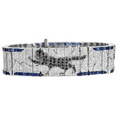 Glamorous Diamond Sapphire 18K White Gold Panther Mosaic Wrap Bracelet|Dover Jewelry|