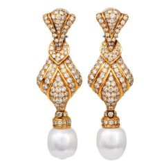  5.85 carat Diamond Pearl 18K Gold Dangle Drop Earrings|Dover Jewelry|