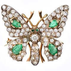 Vintage Diamond 3.10cts Emerald 14K Yellow Gold Butterfly Brooch|Dover Jewelry|