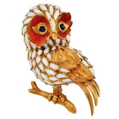 Estate Sapphire Owl 18K Yellow Gold Enamel Brooch|Dover Jewelry|