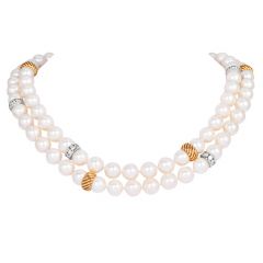 Estate 1960s 7.50cts Diamond Pearl 18K Gold Long Statement Necklace|Dover Jewelry|