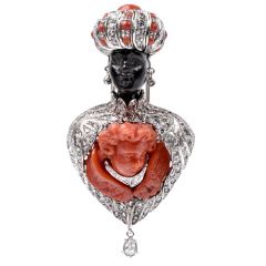 Giulio Nardi Antique Coral Blackamoor diamond 18k-Gold Lapel Brooch