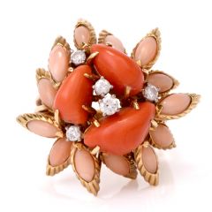 Vintage Multi-Color Coral Diamond Gold Cocktail Cluster Ring