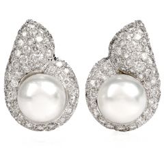 Estate Diamond Pearl Tear Drop Clip On 18K White Gold Earrings