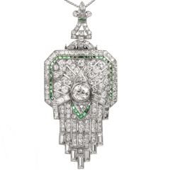 Antique Art Deco Diamond Emerald Platinum Fleur De Lis Brooch Pendant