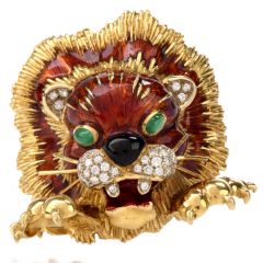 Martine Enameled Diamond Jade Lion Head Brooch