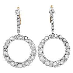 Vintage Old European Diamond Platinum Circle Drop Earrings