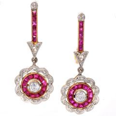 Vintage Diamond 1.60cts  Ruby 18K Gold Flower Earrings|Dover Jewelry|