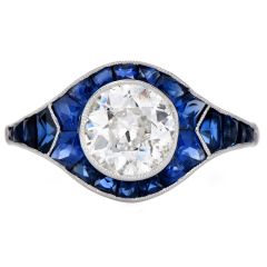 Deco Old Cut Diamond 2.47cttw Sapphire Platinum Halo Engagement Ring