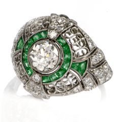 Vintage Emerald Diamond Platinum Dome Cocktail Ring