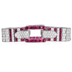 Vintage 26.34cttw Diamond Ruby Platinum Geometric Link Buckle Bracelet|Dover Jewelry|