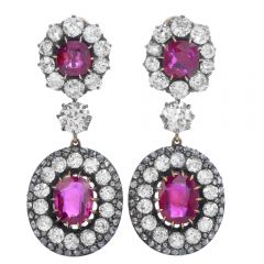 Antique Edwardian Natural Burma Ruby Diamond Gold Silver Flower Earrings 