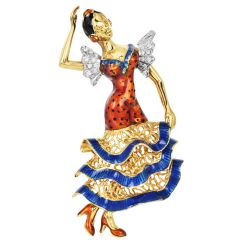 Estate Diamond 18K Gold Enamel Flamenco Spanish Dancer Brooch|Dover Jewelry|