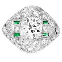 Vintage Old European Diamond 2.66 Carat Emerald Platinum Filigree Ring-Dover Jewelry