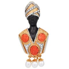 Vintage Blackamoor Coral Diamonds Pearl 18K Gold Brooch|Dover Jewelry|