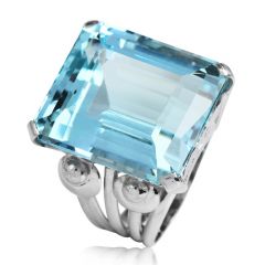 Retro Vintage GIA Certified Genuine Aquamarine 18K White Gold Cocktail Large Ring