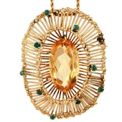 Vintage Retro Citrine 35.70cts Emerald 14K Gold Brooch Pendant