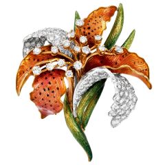 Vintage Italian Enamel  6.25cts Diamond 18K Gold Lily Brooch